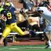 Michigan wide receiver Drew Dileo is knocked out of bounds by UMass safety Christian Birtt in the second quarter at Michigan Stadium on Saturday. Melanie Maxwell I AnnArbor.com